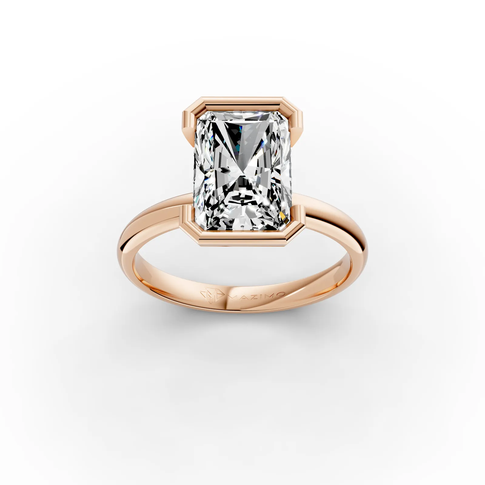 Radiant Bezel Solitaire Ring in 18K Rose Gold, 4 ct radiant diamond in a bezel with small diamonds beneath, three-quarter view