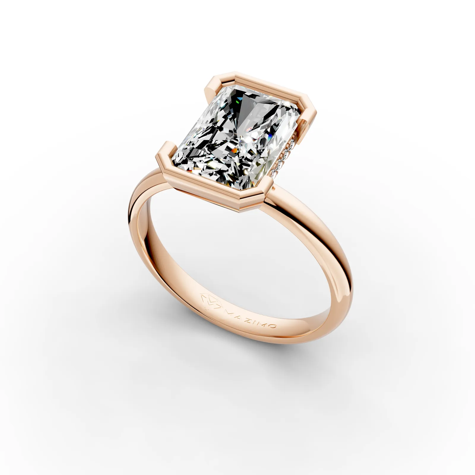 Radiant Bezel Solitaire Ring in 18K Rose Gold, 4 ct radiant diamond in a bezel with small diamonds beneath, angled view