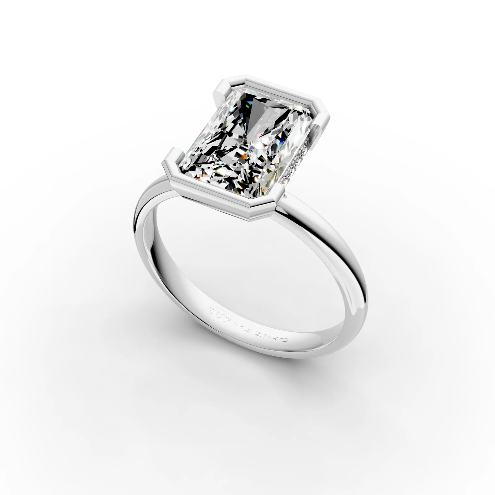 Radiant Bezel Solitaire Ring in 18K White Gold, 4 ct radiant diamond in a bezel with small diamonds beneath, angled view