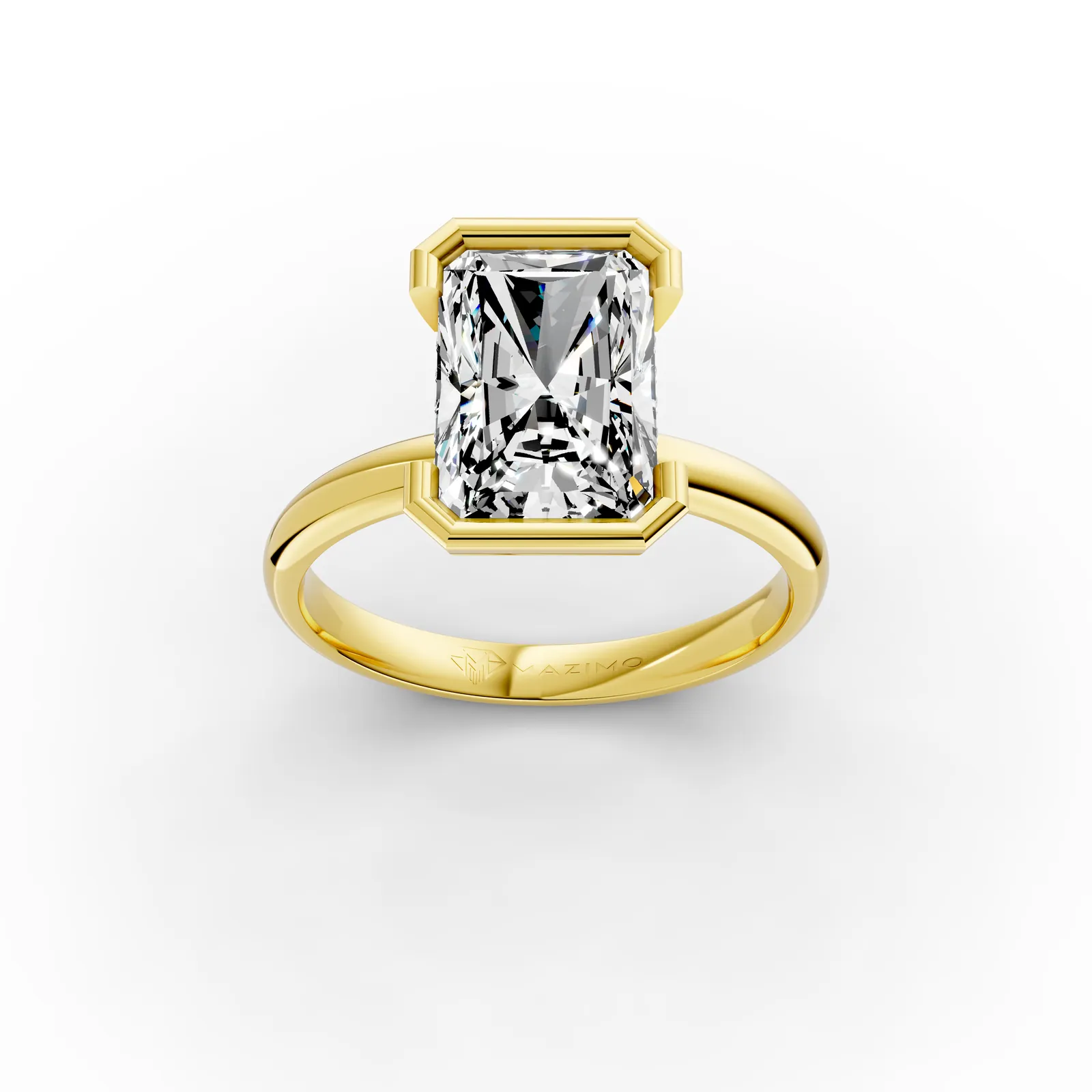 Radiant Bezel Solitaire Ring in 18K Yellow Gold, 4 ct radiant diamond in a bezel with small diamonds beneath, three-quarter view