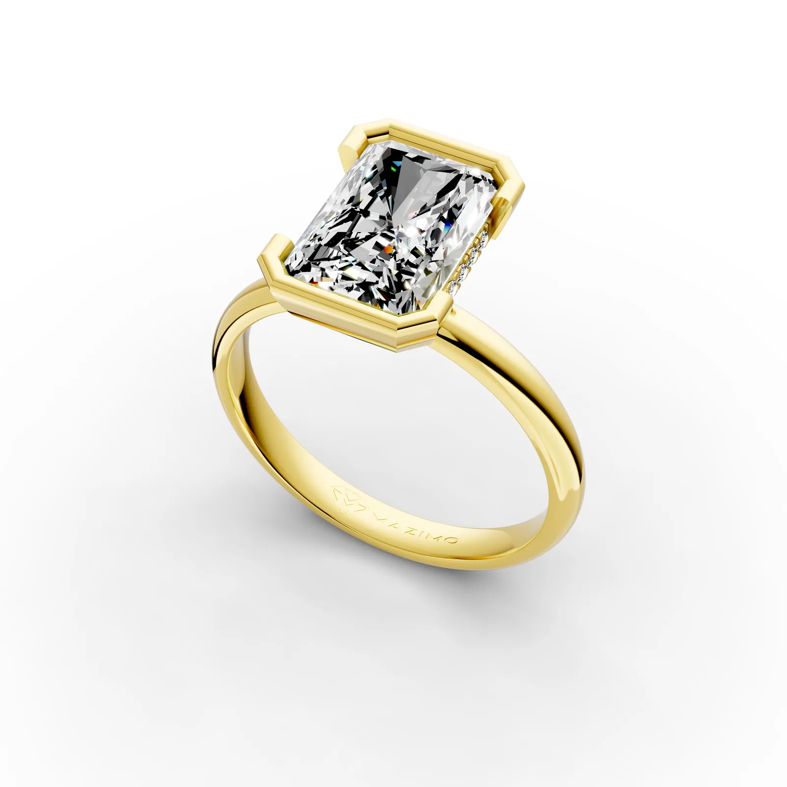 Radiant Bezel Solitaire Ring in 18K Yellow Gold, 4 ct radiant diamond in a bezel with small diamonds beneath, angled view