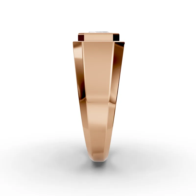 Side view of the rose gold radiant signet, the band widening in flat angled planes up to the flat top