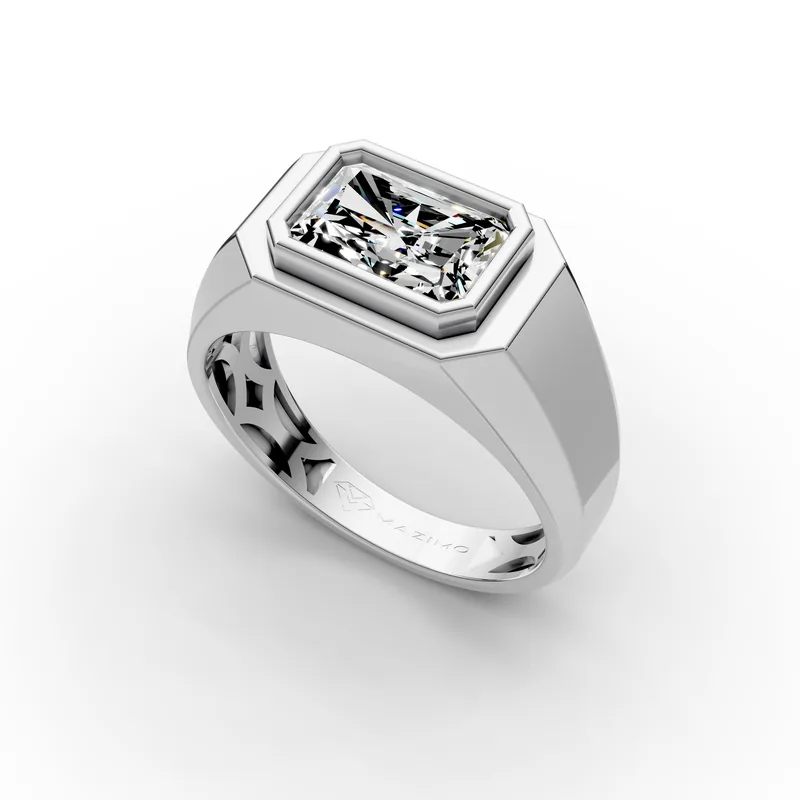 Radiant Signet Ring in 18K White Gold, 2.5 ct radiant-cut diamond set sideways in a flat-topped signet, angled view