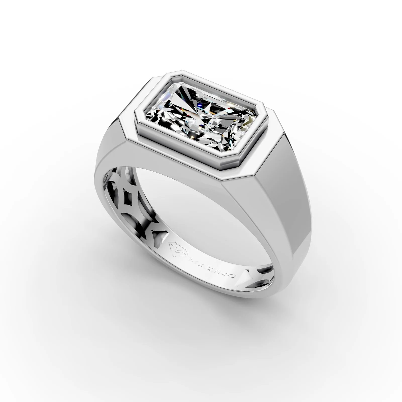 Radiant Signet Ring in 18K White Gold, 2.5 ct radiant-cut diamond set sideways in a flat-topped signet, angled view