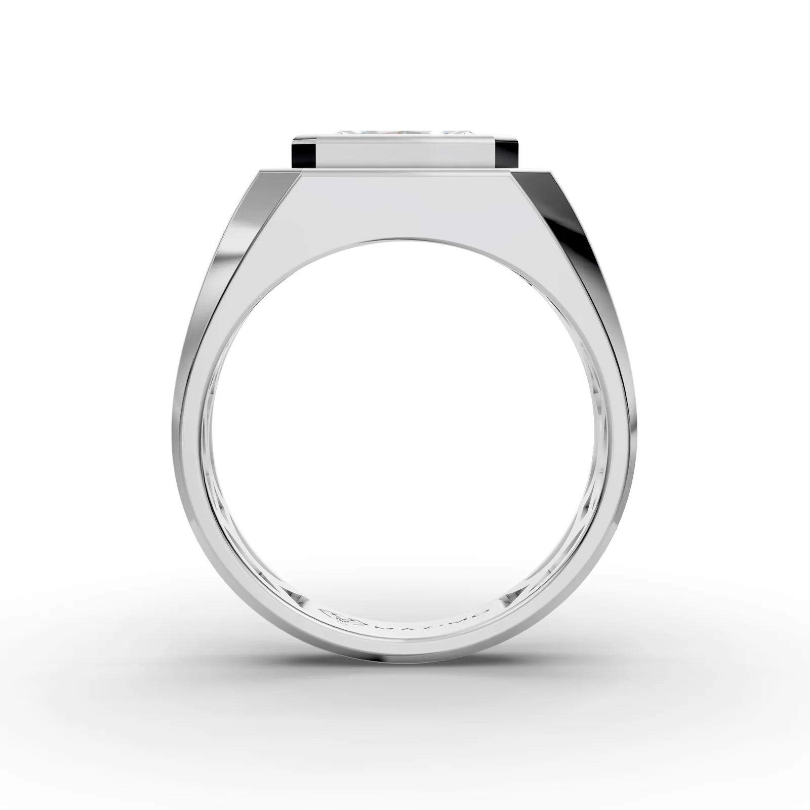 Radiant Signet Ring in 18K White Gold, 2.5 ct radiant-cut diamond set sideways in a flat-topped signet, front view