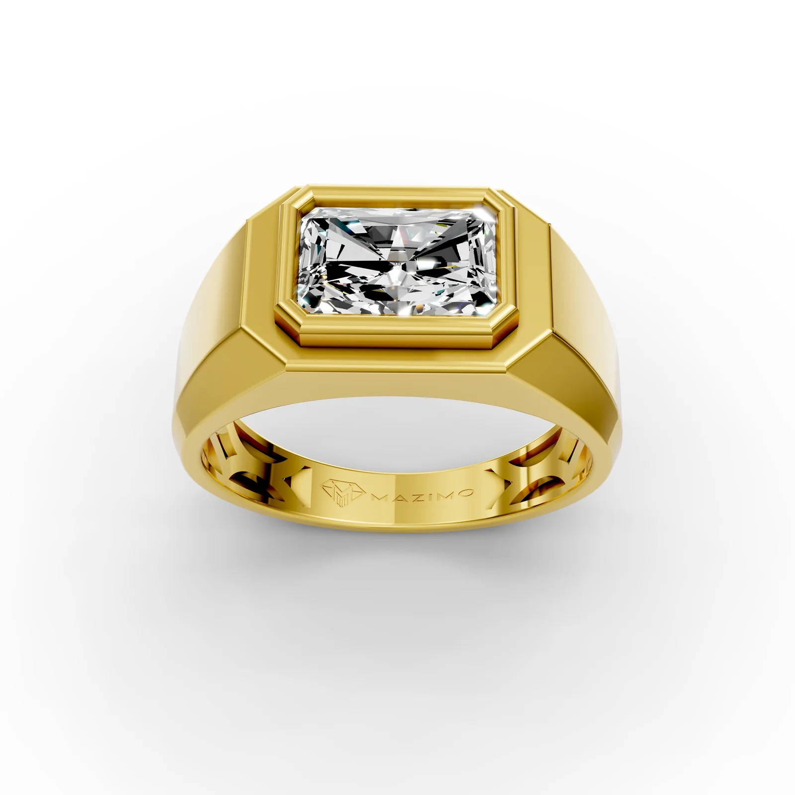 Radiant Signet Ring in 18K Yellow Gold, 2.5 ct radiant-cut diamond set sideways in a flat-topped signet, three-quarter view