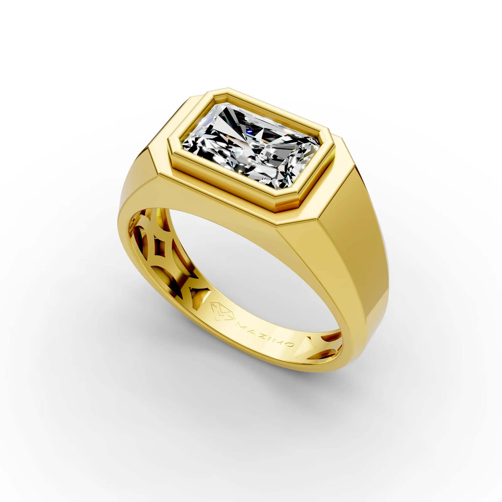 Radiant Signet Ring in 18K Yellow Gold, 2.5 ct radiant-cut diamond set sideways in a flat-topped signet, angled view