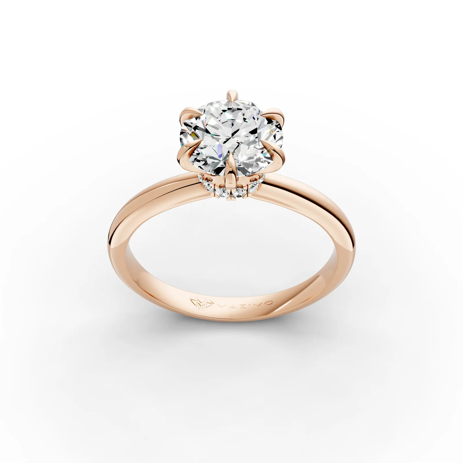 Round Hidden Halo Solitaire Ring in 18K Rose Gold, 2 ct round diamond in six claws with a hidden diamond halo, three-quarter view