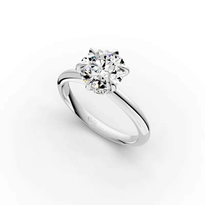 Round Hidden Halo Solitaire Ring in 18K White Gold, 2 ct round diamond in six claws with a hidden diamond halo, angled view
