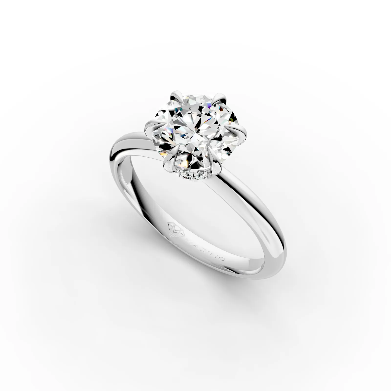 Round Hidden Halo Solitaire Ring in 18K White Gold, 2 ct round diamond in six claws with a hidden diamond halo, angled view