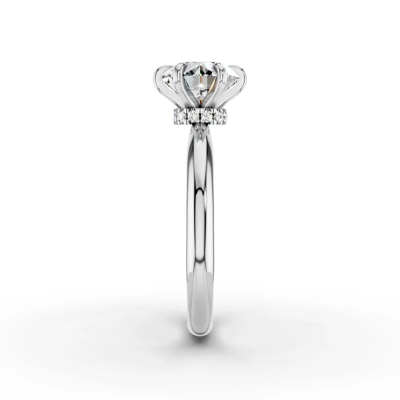 Round Hidden Halo Solitaire Ring in 18K White Gold, 2 ct round diamond in six claws with a hidden diamond halo, side profile