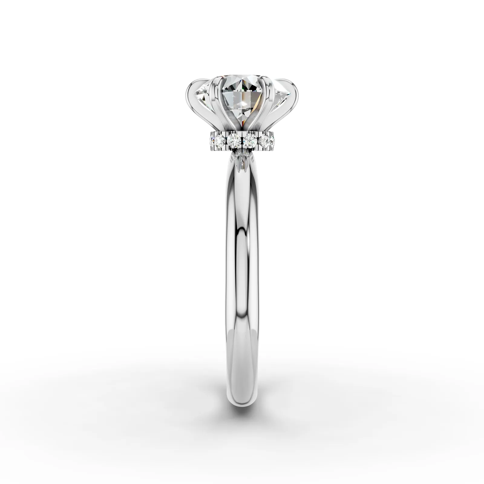Round Hidden Halo Solitaire Ring in 18K White Gold, 2 ct round diamond in six claws with a hidden diamond halo, side profile