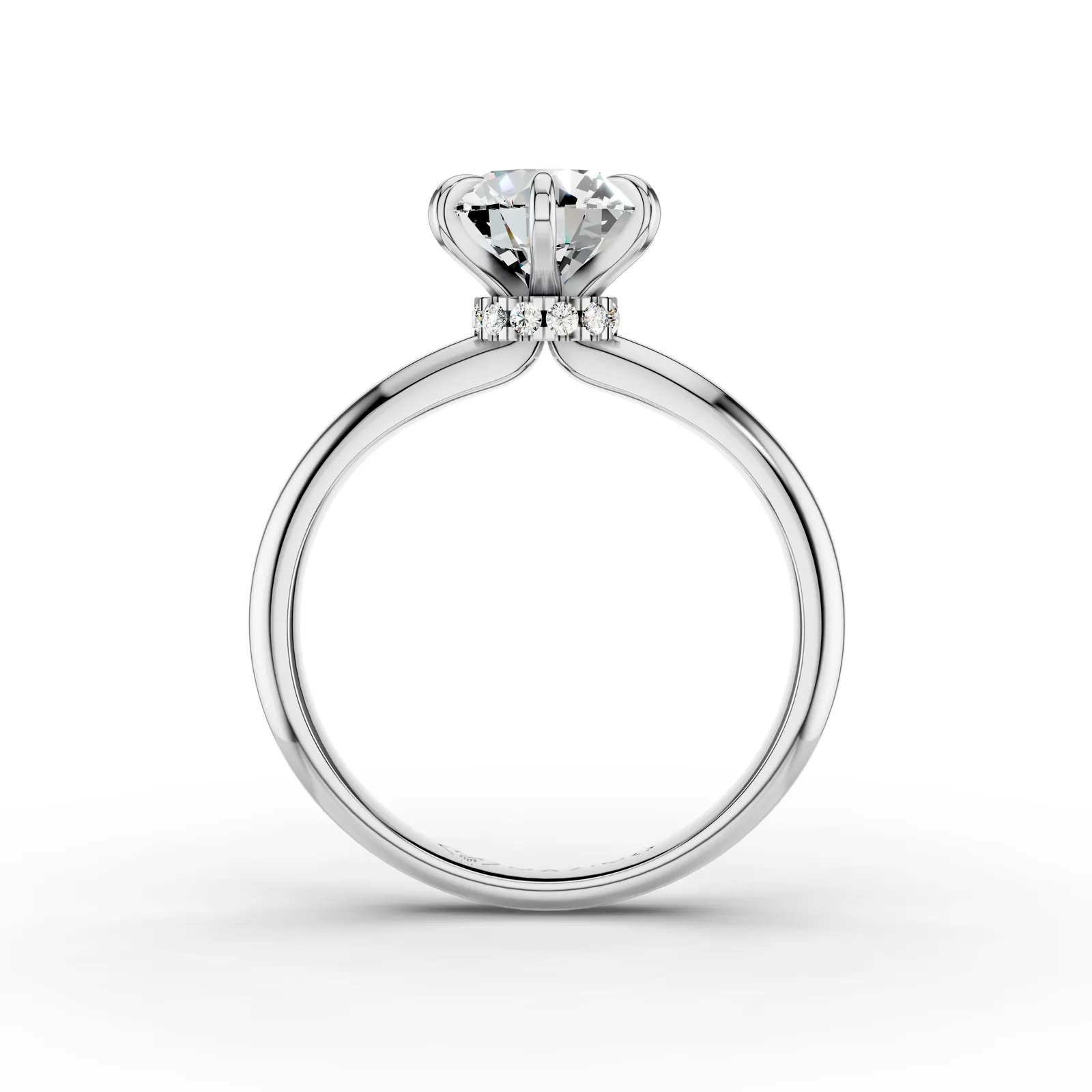 Round Hidden Halo Solitaire Ring in 18K White Gold, 2 ct round diamond in six claws with a hidden diamond halo, front view