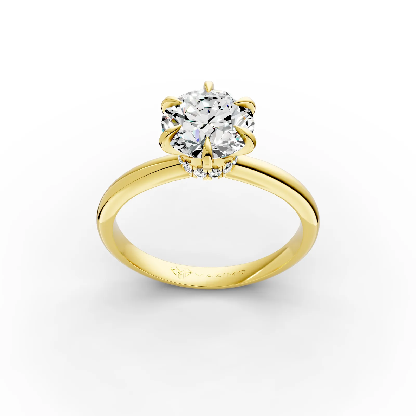 Round Hidden Halo Solitaire Ring in 18K Yellow Gold, 2 ct round diamond in six claws with a hidden diamond halo, three-quarter view