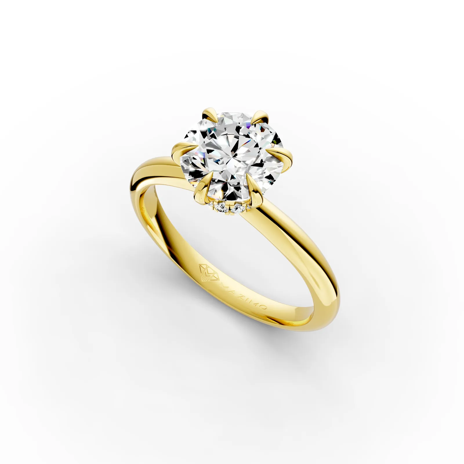 Round Hidden Halo Solitaire Ring in 18K Yellow Gold, 2 ct round diamond in six claws with a hidden diamond halo, angled view