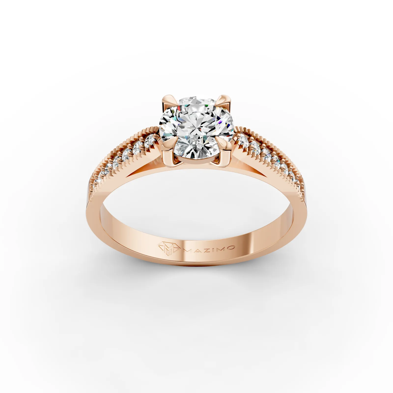 Round Milgrain Pavé Solitaire Ring in 18K Rose Gold, 1 ct round diamond in four claws with small diamonds set between beaded edges, three-quarter view