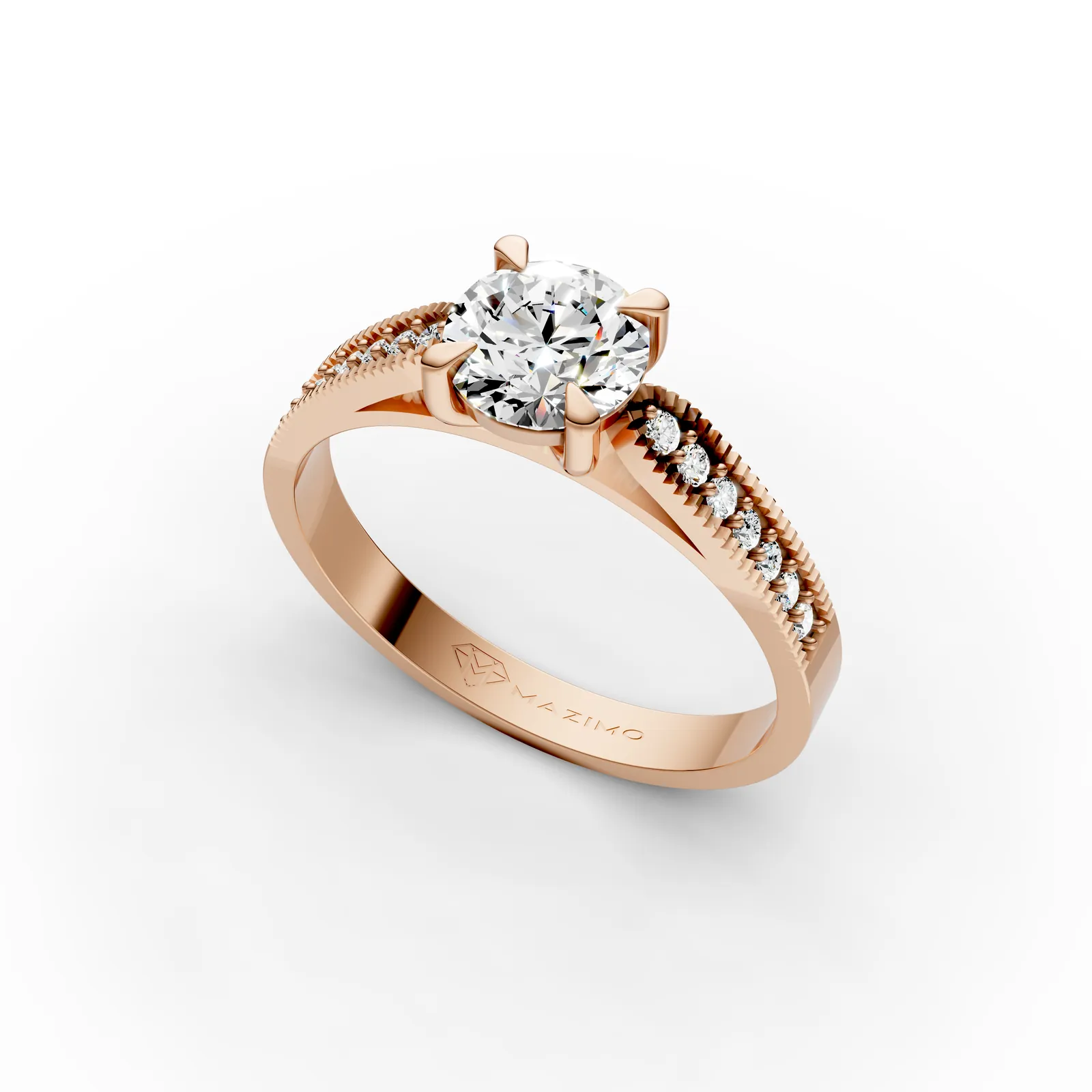 Round Milgrain Pavé Solitaire Ring in 18K Rose Gold, 1 ct round diamond in four claws with small diamonds set between beaded edges, angled view