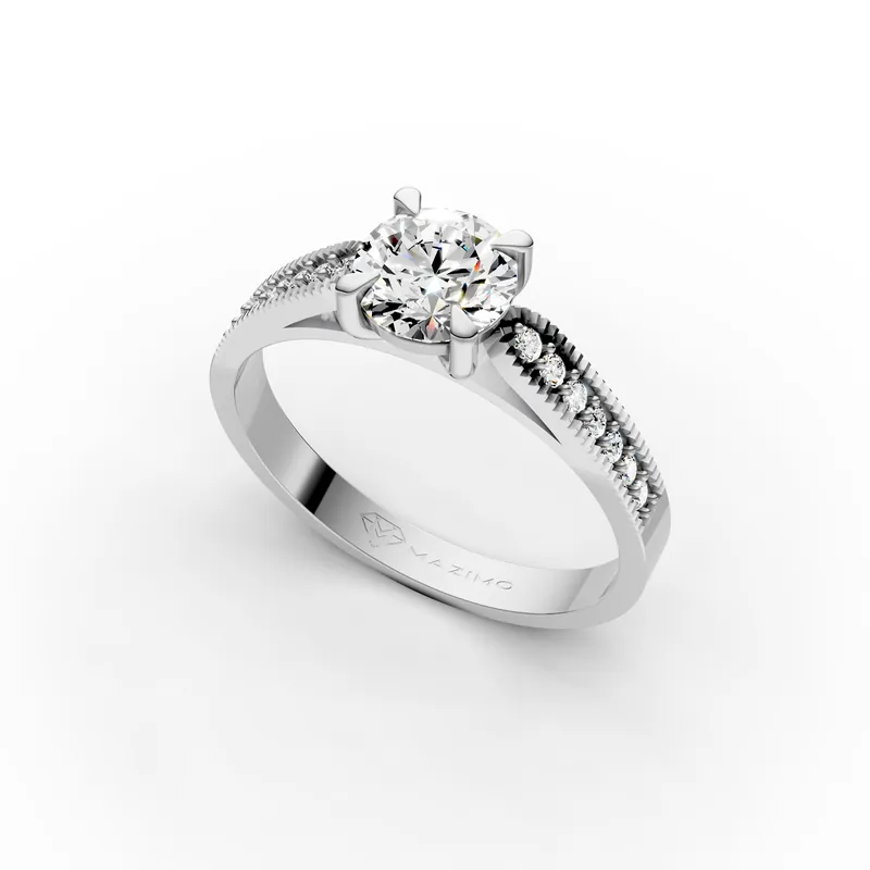 Round Milgrain Pavé Solitaire Ring in 18K White Gold, 1 ct round diamond in four claws with small diamonds set between beaded edges, angled view