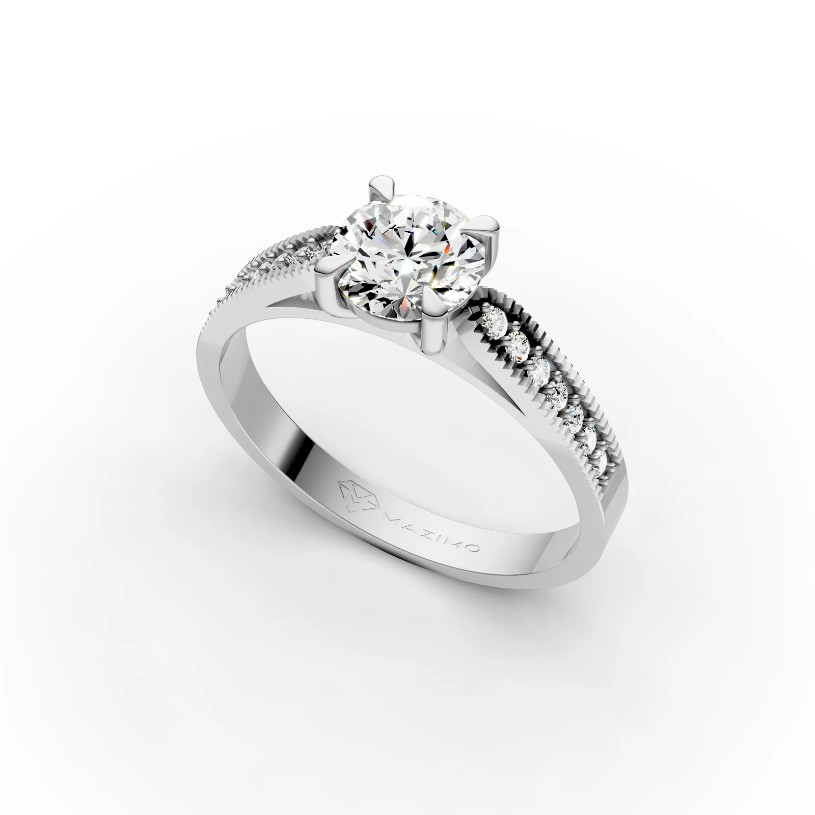 Round Milgrain Pavé Solitaire Ring in 18K White Gold, 1 ct round diamond in four claws with small diamonds set between beaded edges, angled view