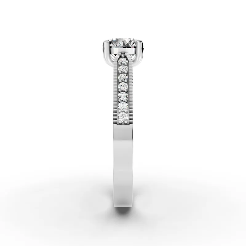 Round Milgrain Pavé Solitaire Ring in 18K White Gold, 1 ct round diamond in four claws with small diamonds set between beaded edges, side profile