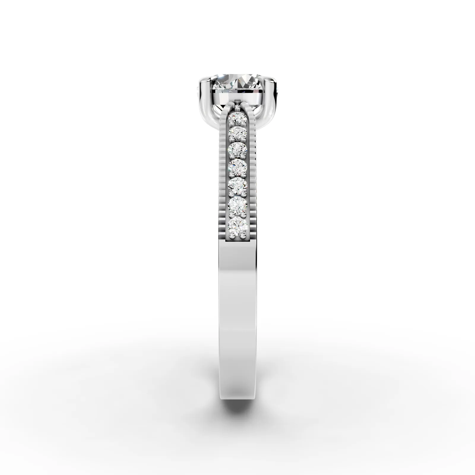Round Milgrain Pavé Solitaire Ring in 18K White Gold, 1 ct round diamond in four claws with small diamonds set between beaded edges, side profile