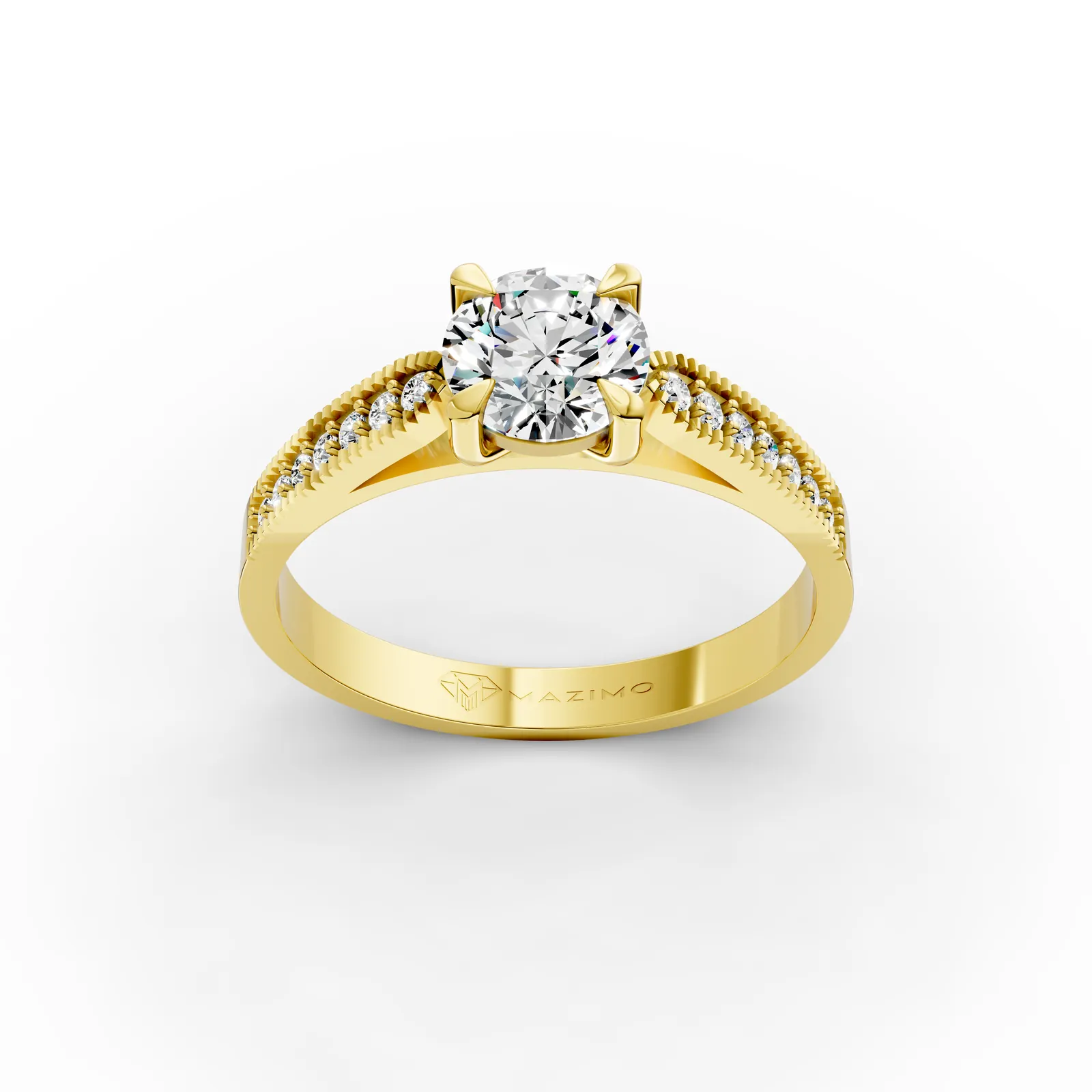Round Milgrain Pavé Solitaire Ring in 18K Yellow Gold, 1 ct round diamond in four claws with small diamonds set between beaded edges, three-quarter view