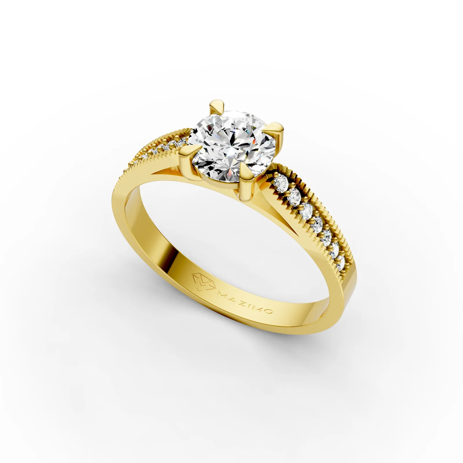 Round Milgrain Pavé Solitaire Ring in 18K Yellow Gold, 1 ct round diamond in four claws with small diamonds set between beaded edges, angled view