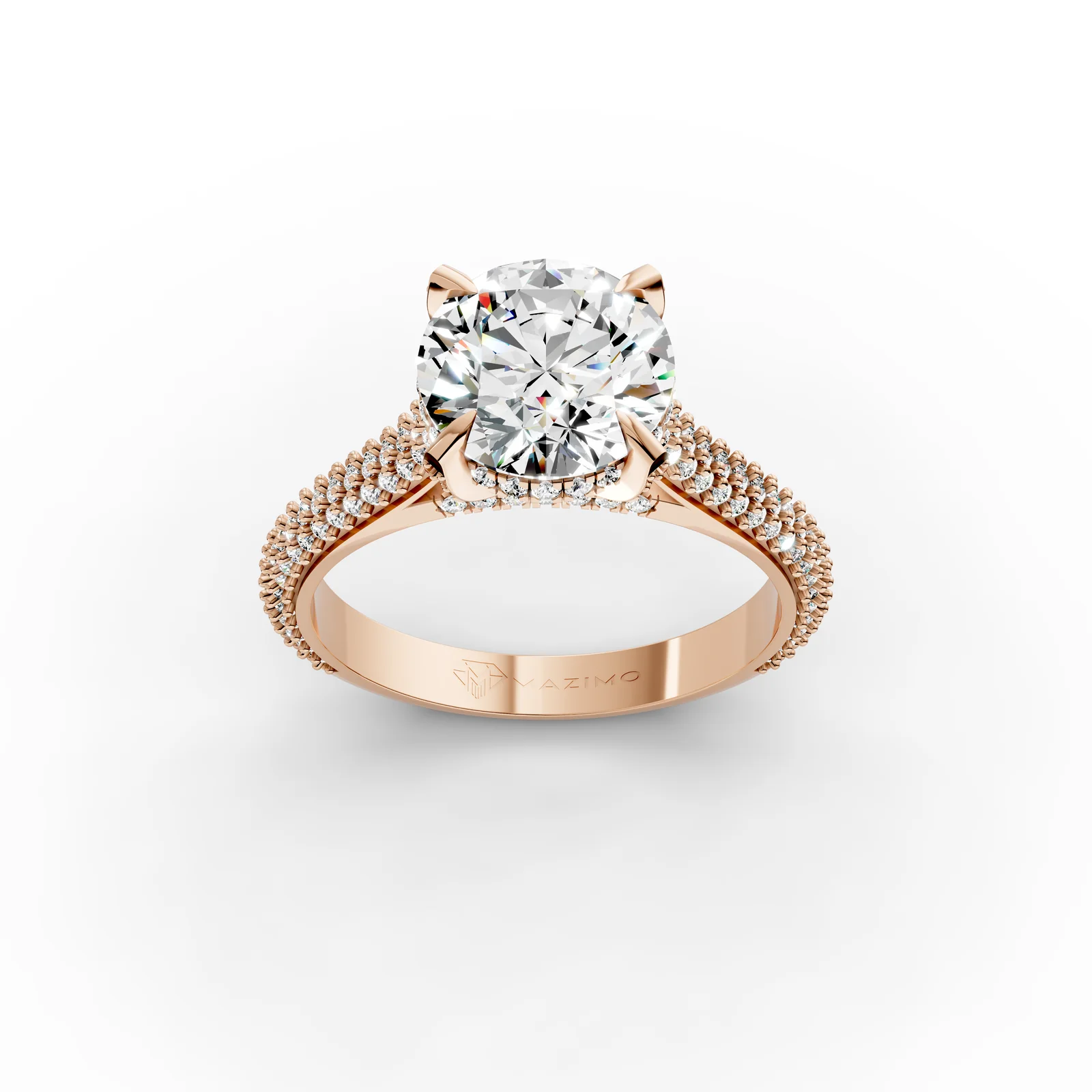 Round Pavé Solitaire Ring in 18K Rose Gold, 2 ct round diamond in four claws on a pavé diamond band, three-quarter view