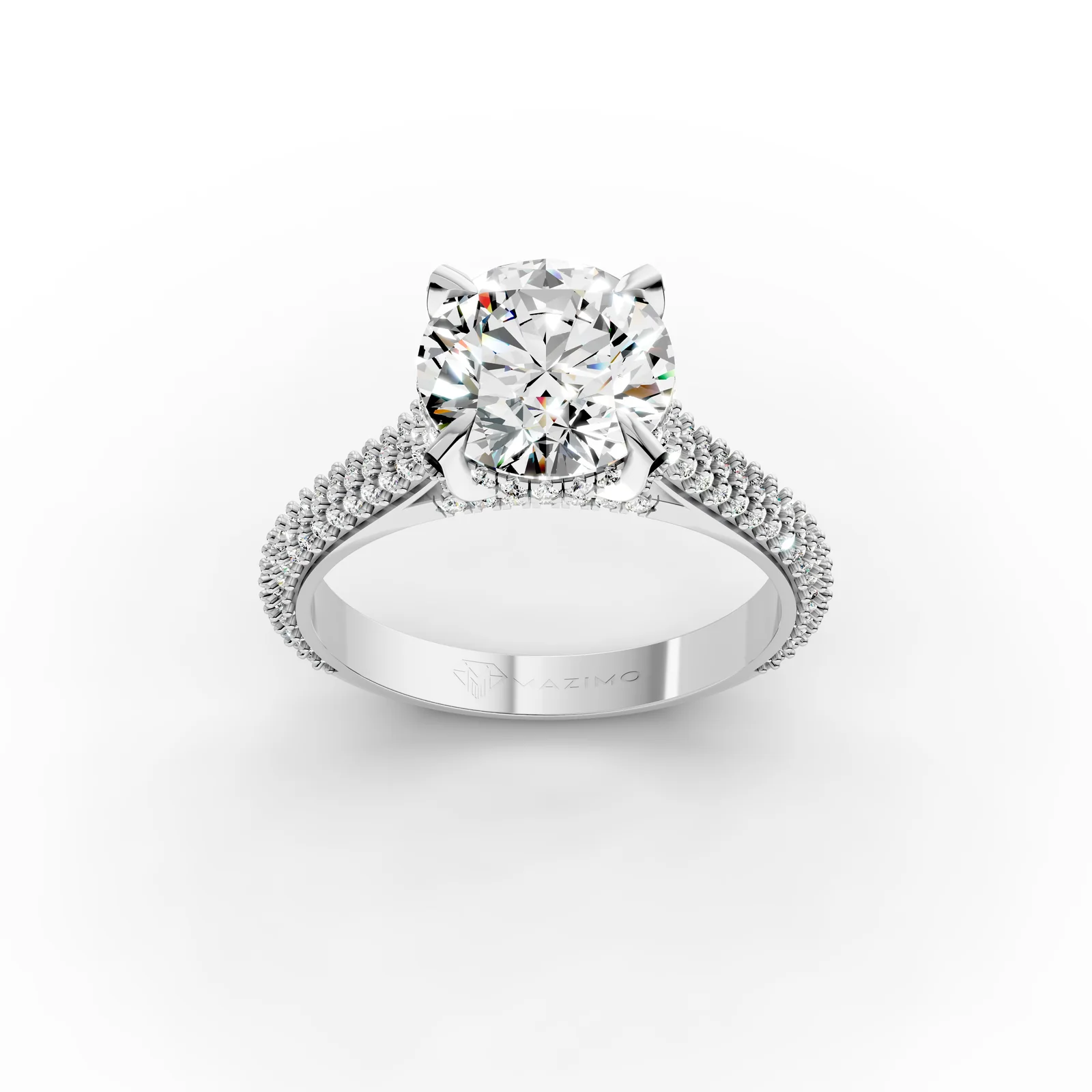 Round Pavé Solitaire Ring in 18K White Gold, 2 ct round diamond in four claws on a pavé diamond band, three-quarter view