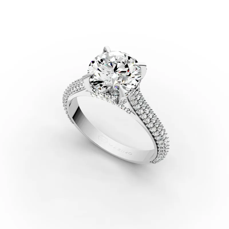 Round Pavé Solitaire Ring in 18K White Gold, 2 ct round diamond in four claws on a pavé diamond band, angled view