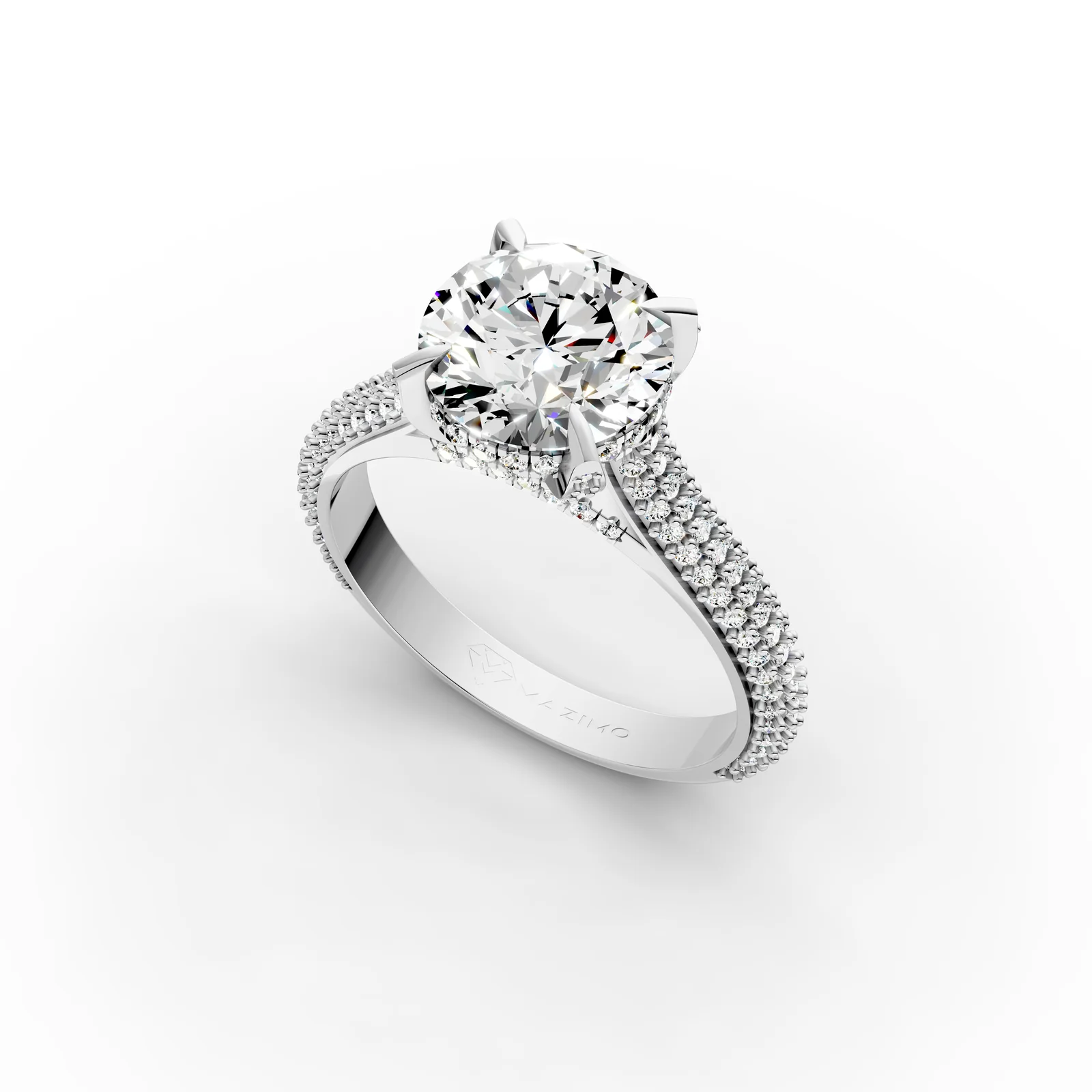 Round Pavé Solitaire Ring in 18K White Gold, 2 ct round diamond in four claws on a pavé diamond band, angled view