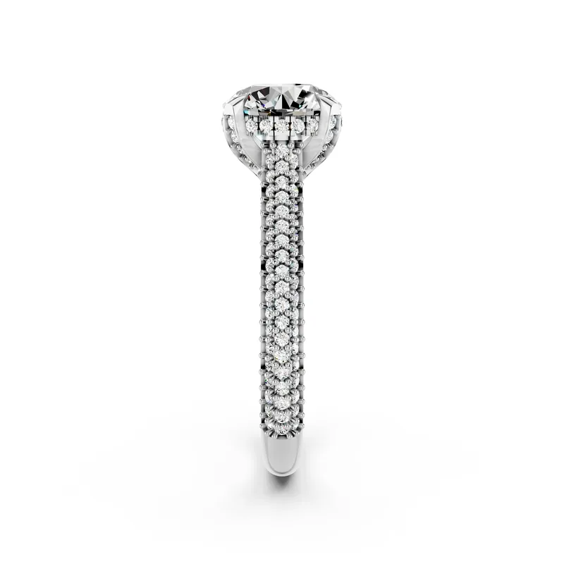 Round Pavé Solitaire Ring in 18K White Gold, 2 ct round diamond in four claws on a pavé diamond band, side profile