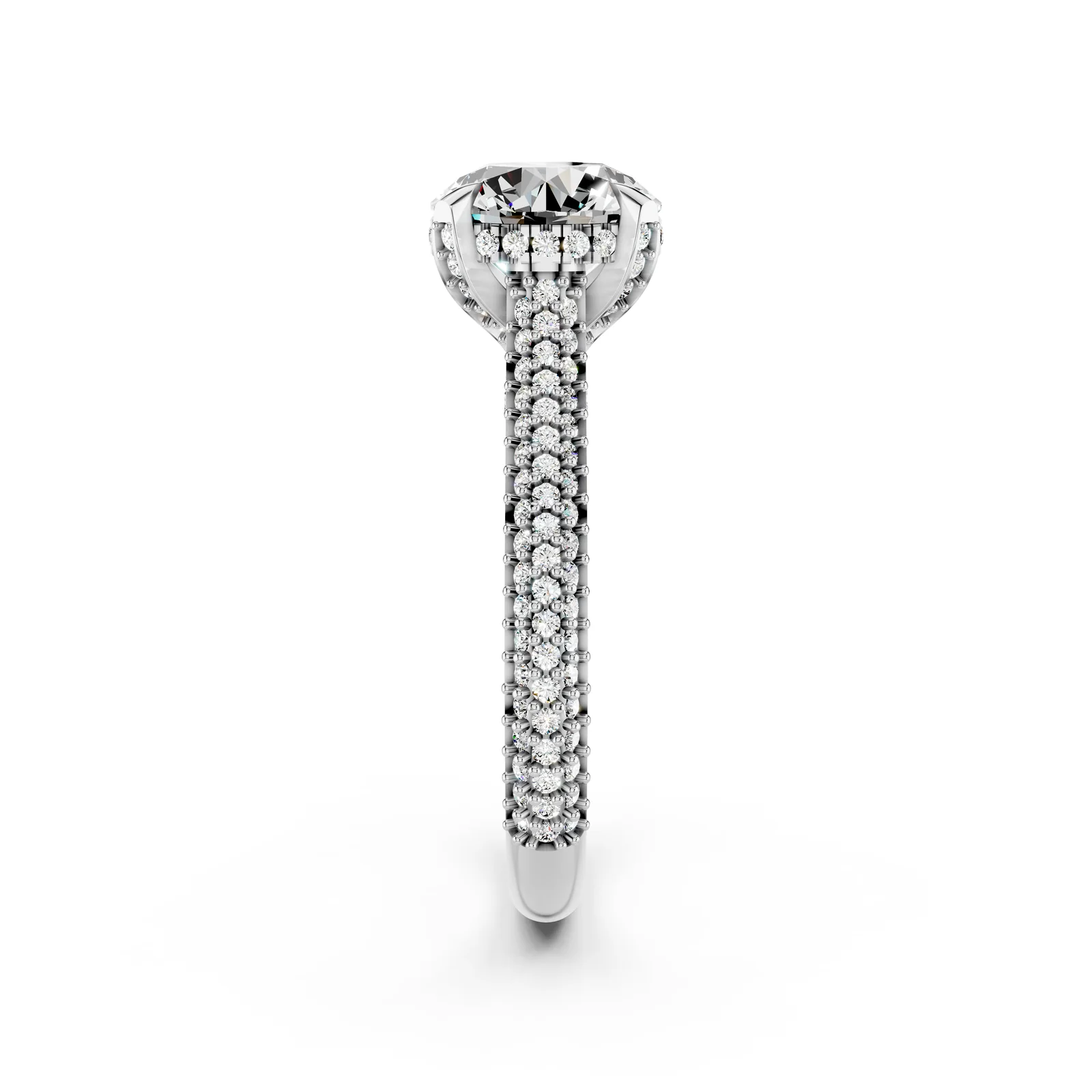 Round Pavé Solitaire Ring in 18K White Gold, 2 ct round diamond in four claws on a pavé diamond band, side profile