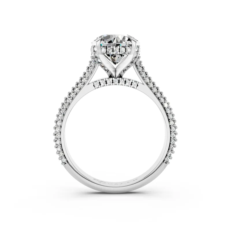 Round Pavé Solitaire Ring in 18K White Gold, 2 ct round diamond in four claws on a pavé diamond band, front view