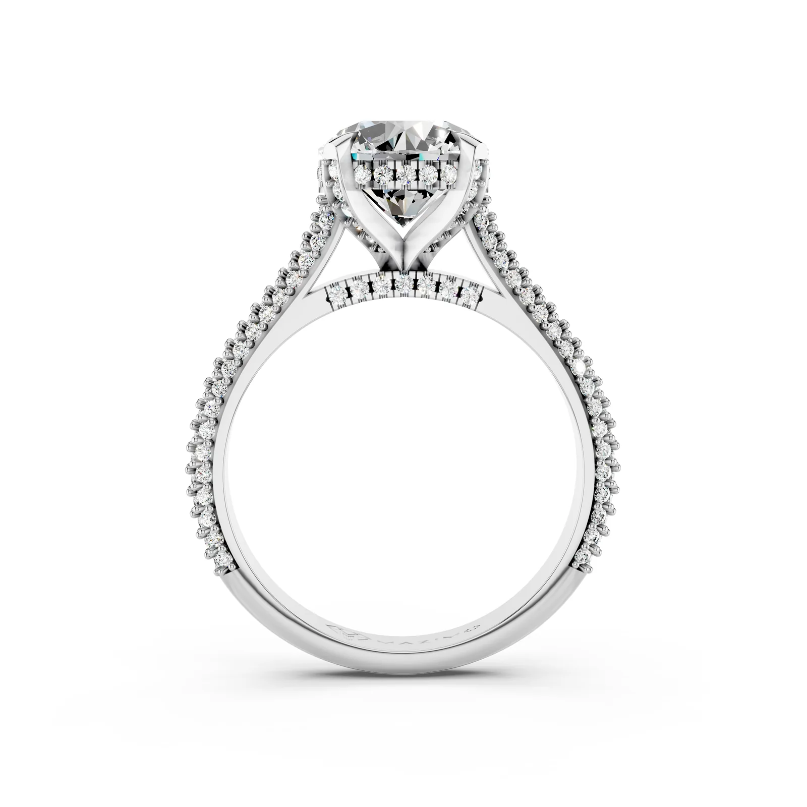 Round Pavé Solitaire Ring in 18K White Gold, 2 ct round diamond in four claws on a pavé diamond band, front view