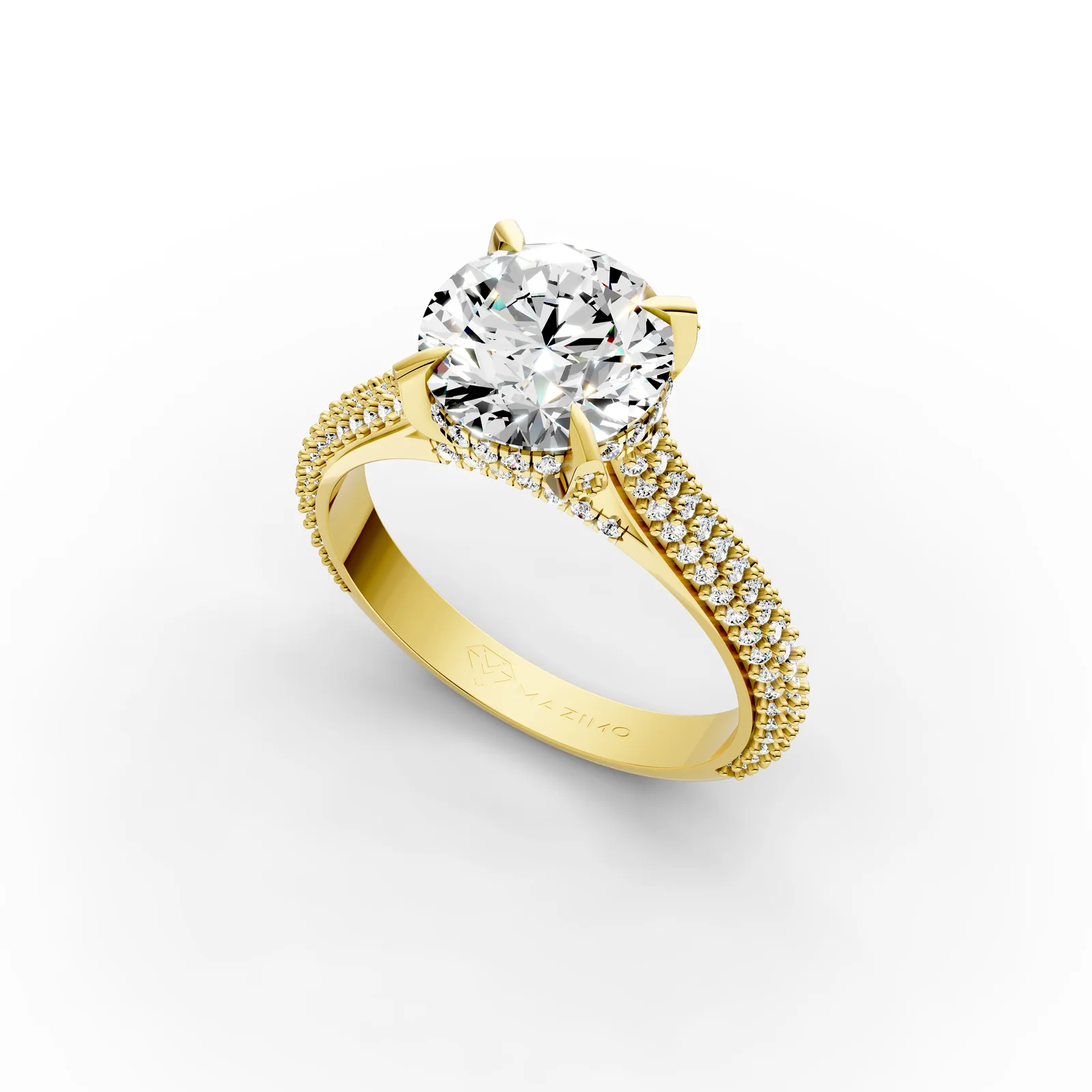 Round Pavé Solitaire Ring in 18K Yellow Gold, 2 ct round diamond in four claws on a pavé diamond band, angled view