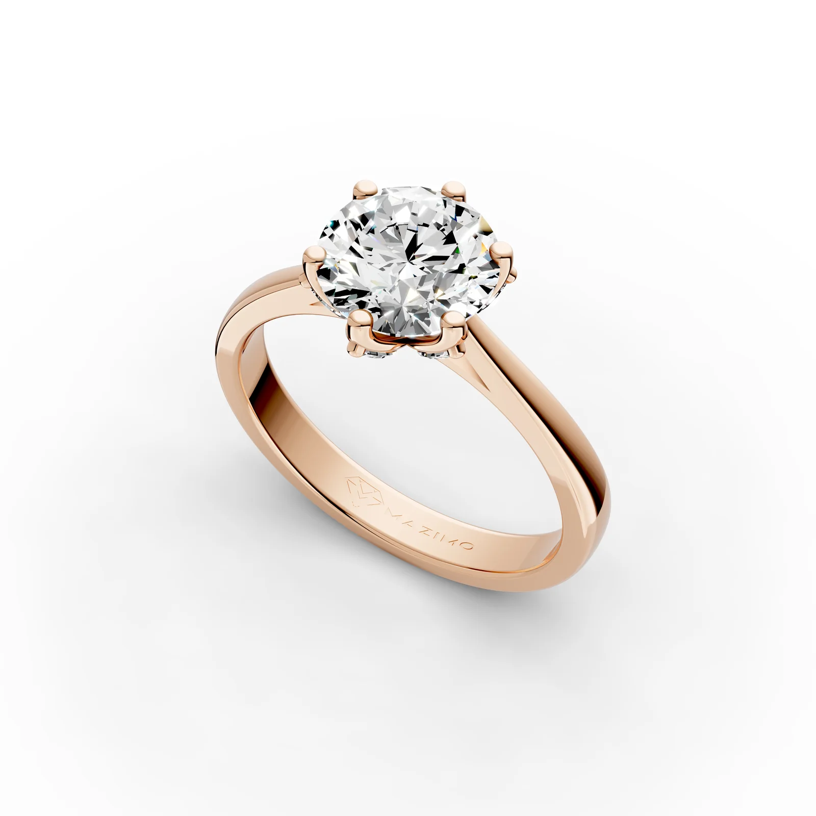 Round Six Claw Solitaire Ring in 18K Rose Gold, 2 ct round diamond with six marquise diamonds below, angled view