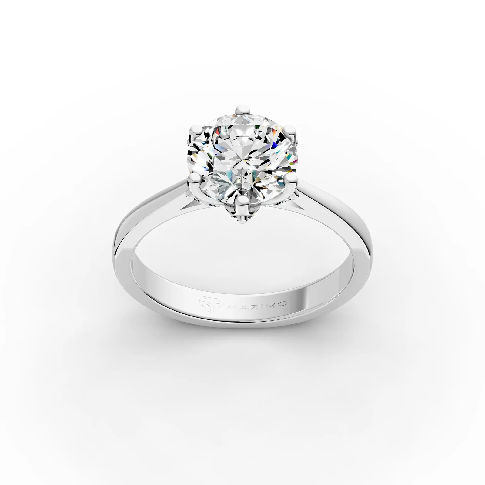 Round Six Claw Solitaire Ring in 18K White Gold, 2 ct round diamond with six marquise diamonds below, three-quarter view