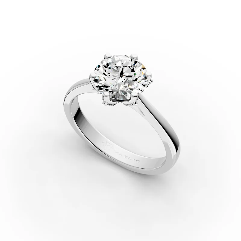 Round Six Claw Solitaire Ring in 18K White Gold, 2 ct round diamond with six marquise diamonds below, angled view
