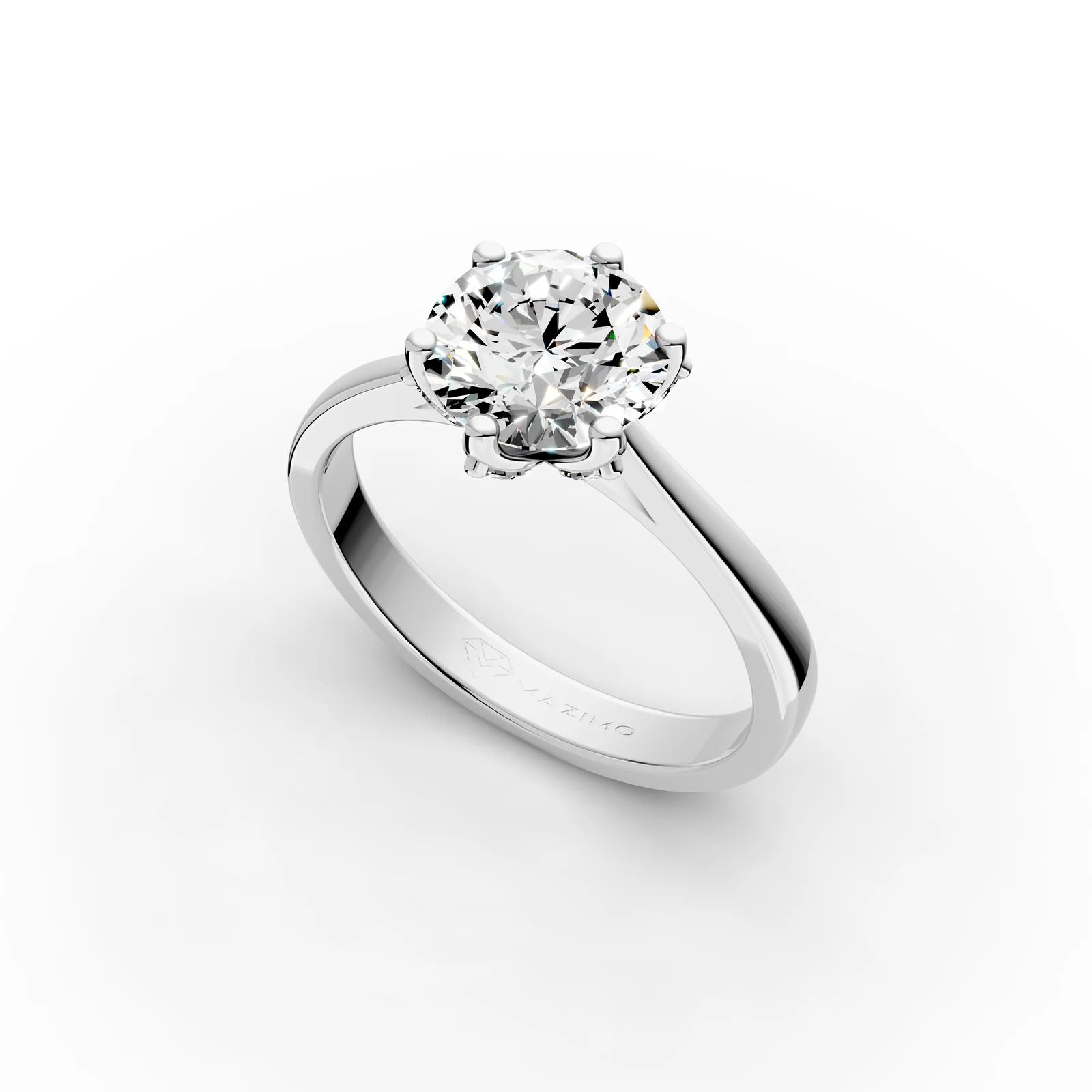 Round Six Claw Solitaire Ring in 18K White Gold, 2 ct round diamond with six marquise diamonds below, angled view