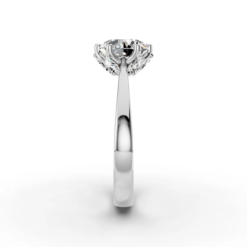 Round Six Claw Solitaire Ring in 18K White Gold, 2 ct round diamond with six marquise diamonds below, side profile