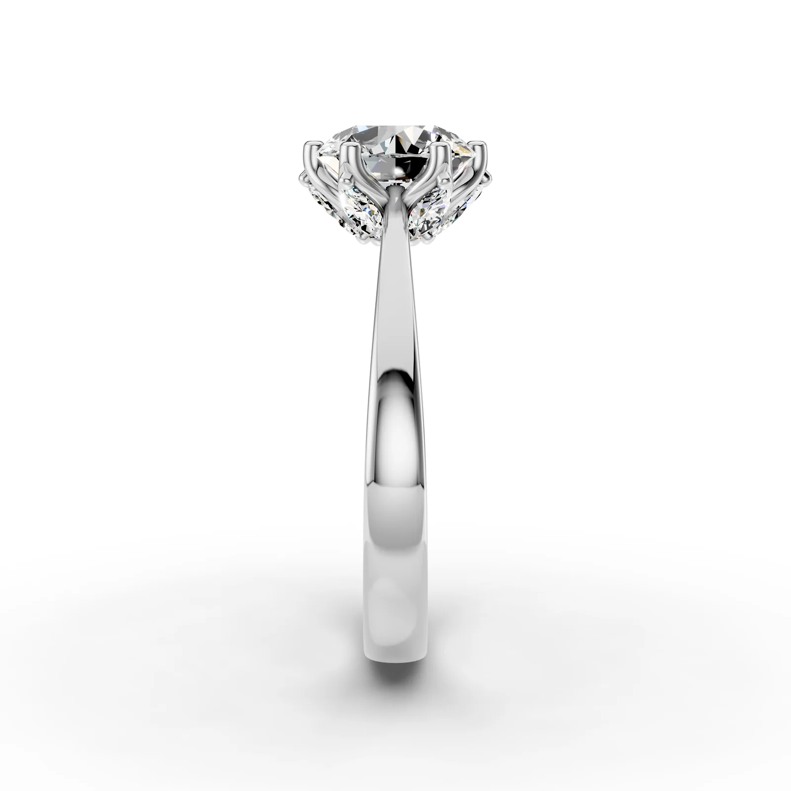 Round Six Claw Solitaire Ring in 18K White Gold, 2 ct round diamond with six marquise diamonds below, side profile