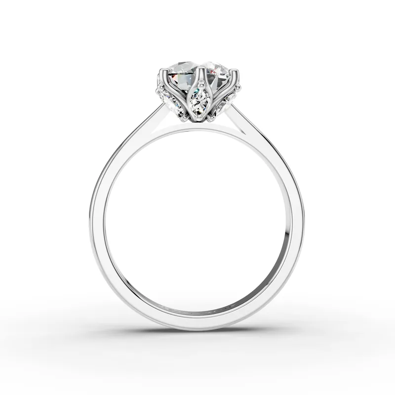 Round Six Claw Solitaire Ring in 18K White Gold, 2 ct round diamond with six marquise diamonds below, front view