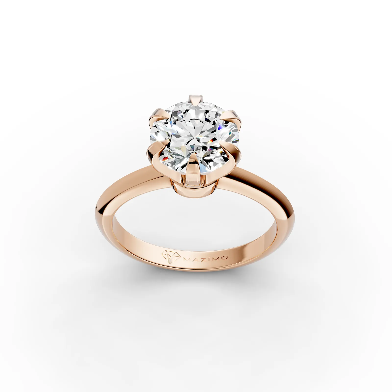 Round Solitaire Ring, 2 ct in 18K Rose Gold, 2 ct round diamond in six claws on a plain band, three-quarter view