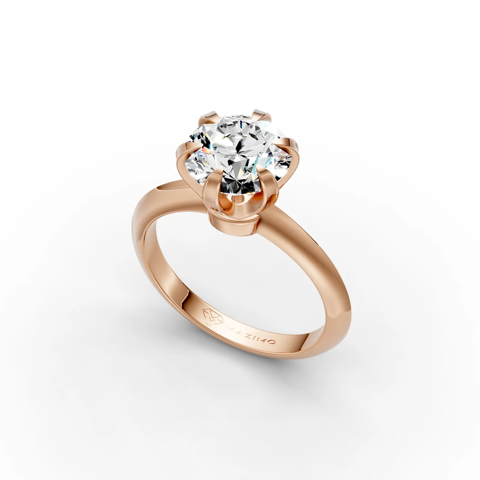 Round Solitaire Ring, 2 ct in 18K Rose Gold, 2 ct round diamond in six claws on a plain band, angled view