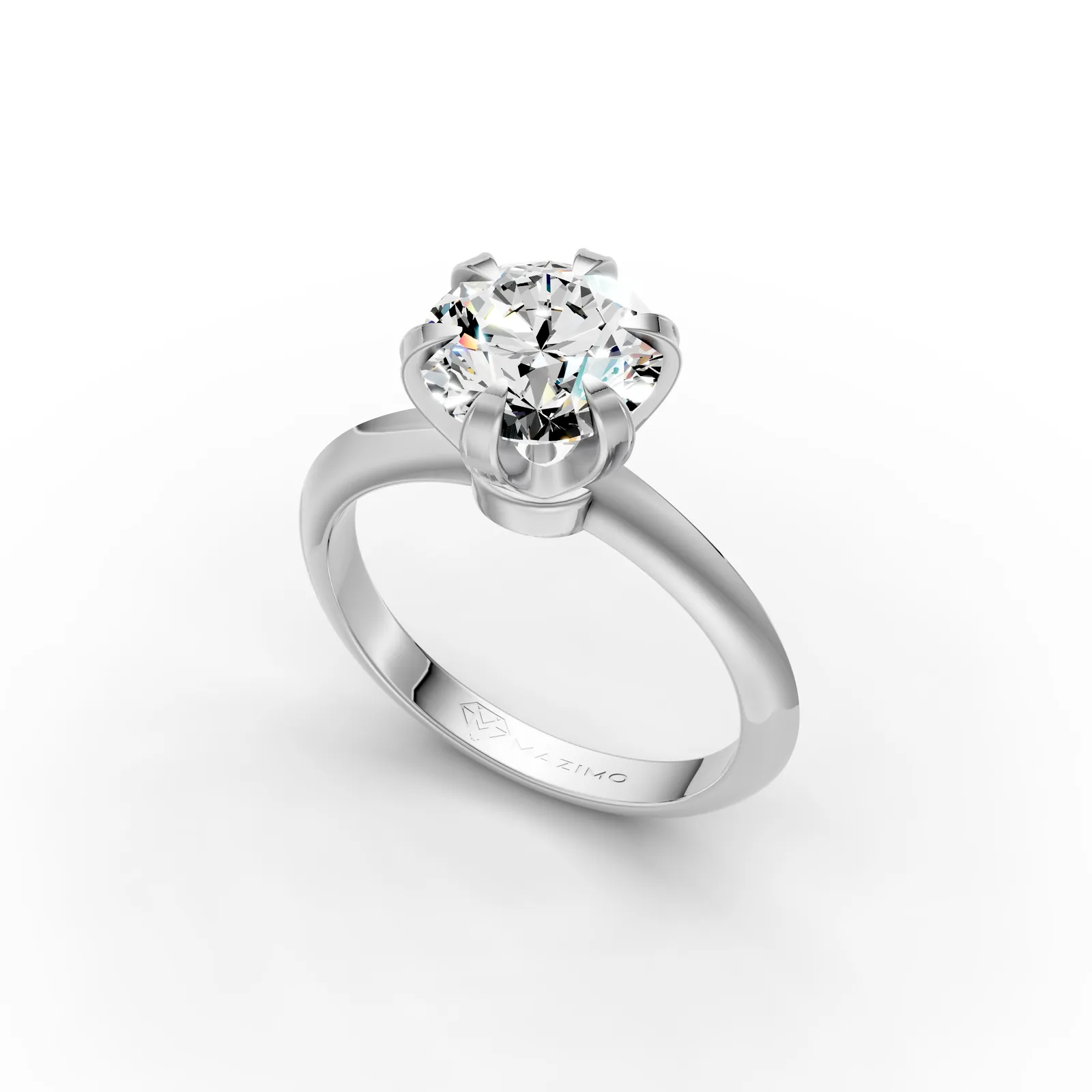Round Solitaire Ring, 2 ct in 18K White Gold, 2 ct round diamond in six claws on a plain band, angled view
