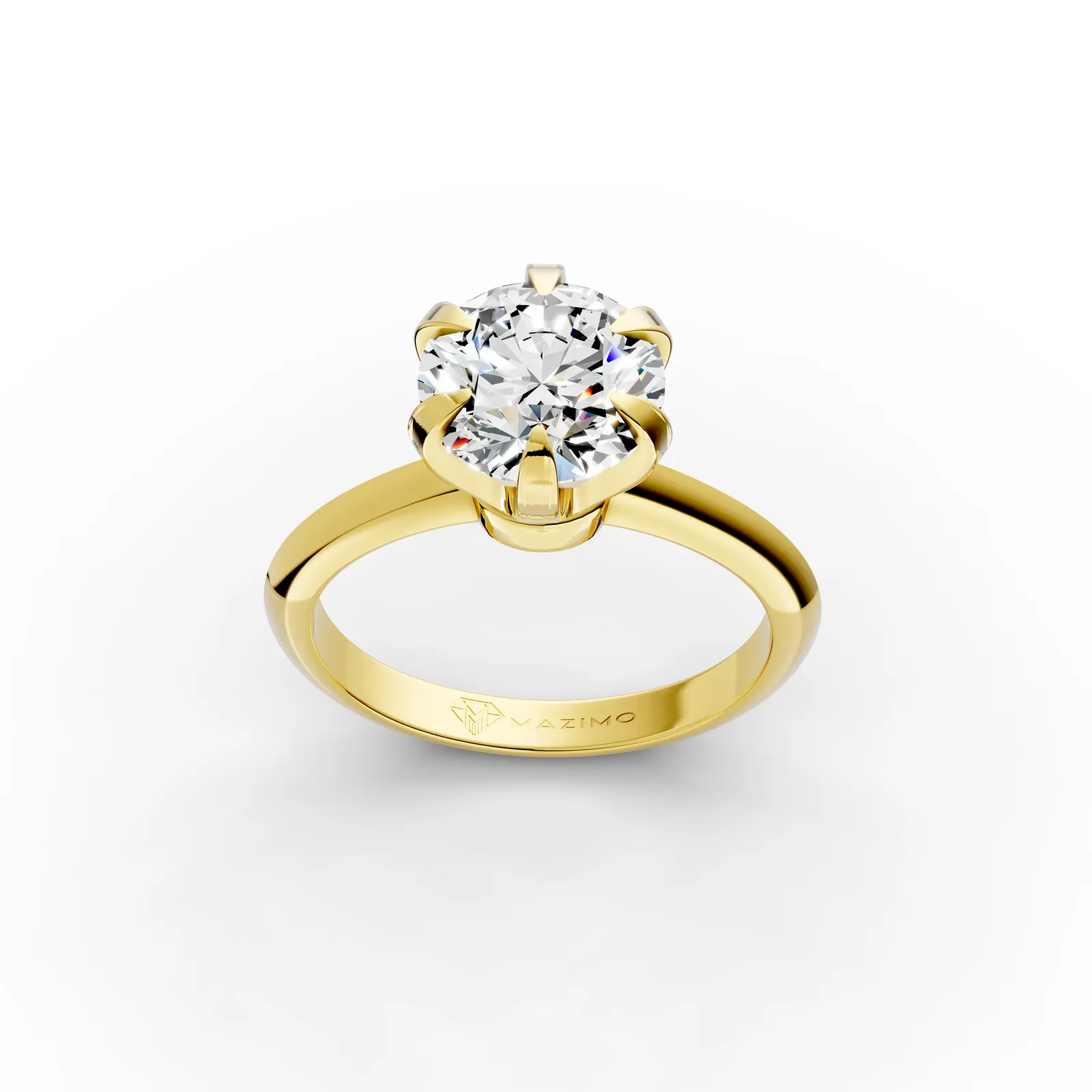 Round Solitaire Ring, 2 ct in 18K Yellow Gold, 2 ct round diamond in six claws on a plain band, three-quarter view