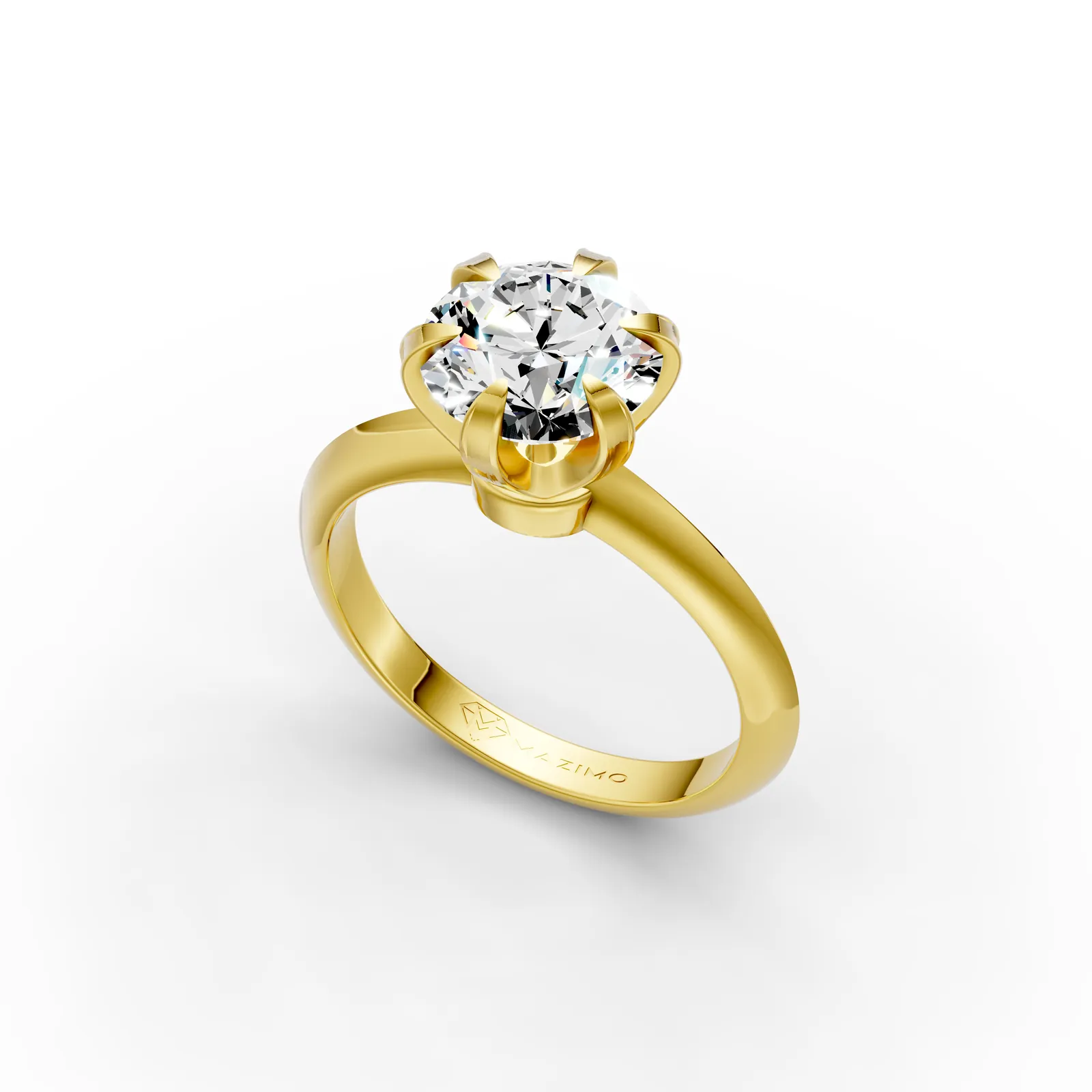 Round Solitaire Ring, 2 ct in 18K Yellow Gold, 2 ct round diamond in six claws on a plain band, angled view