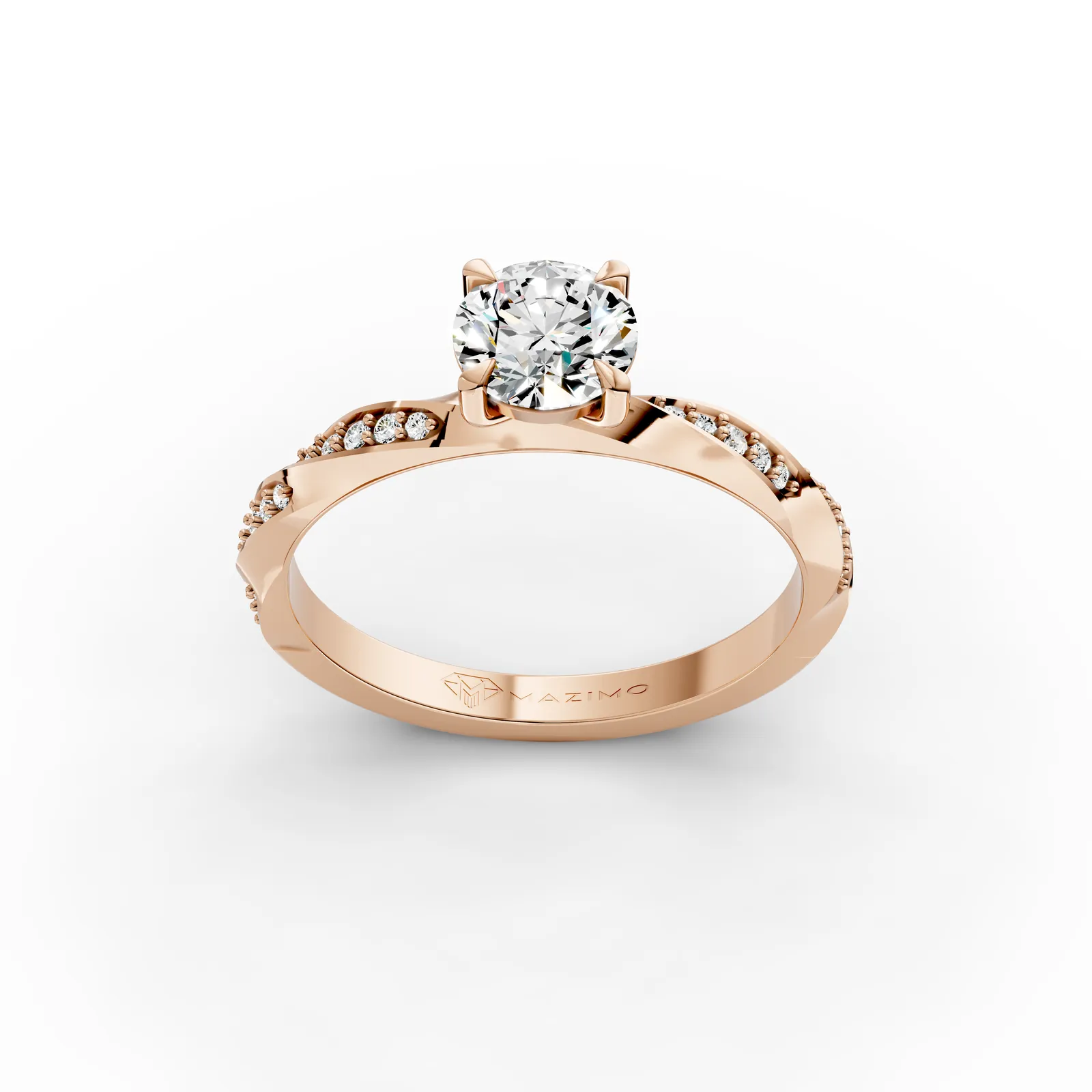 Round Twist Pavé Solitaire Ring in 18K Rose Gold, 1 ct round diamond in four claws on a twisting band set with small diamonds, three-quarter view
