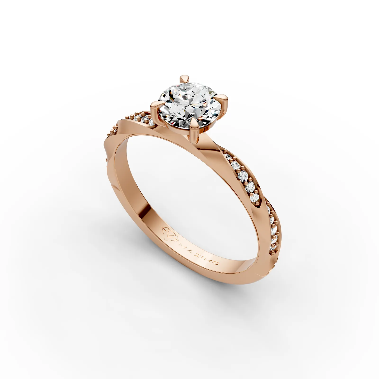 Round Twist Pavé Solitaire Ring in 18K Rose Gold, 1 ct round diamond in four claws on a twisting band set with small diamonds, angled view